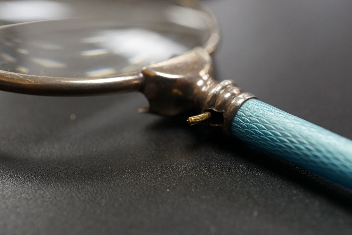 A pair of Continental silver and guilloche enamel lorgnettes, 10cm in length